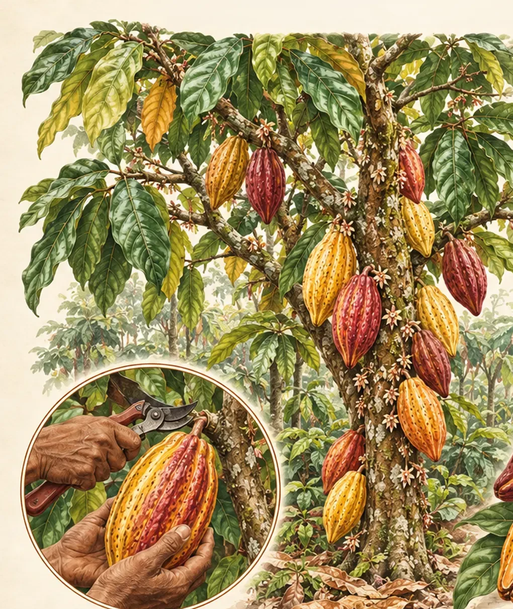 Botanical illustration of ripe cacao pods growing on a tree