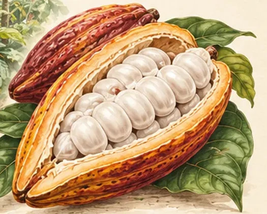 An opened cacao pod revealing seeds surrounded by white pulp